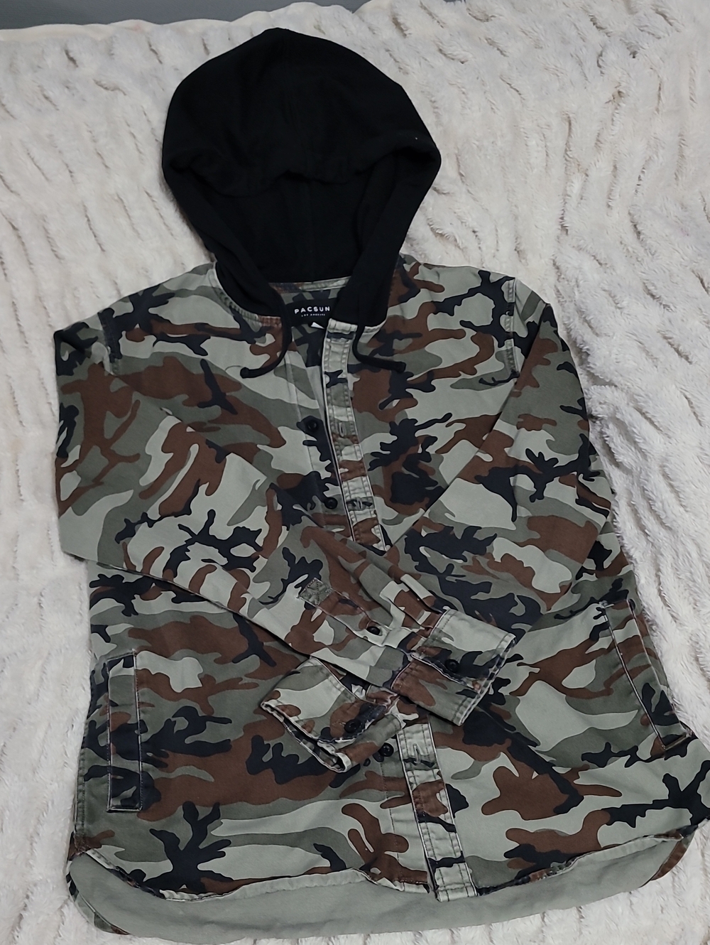 PacSun Military-Style Lightweight Camouflage Utility Jacket with Black Hood
